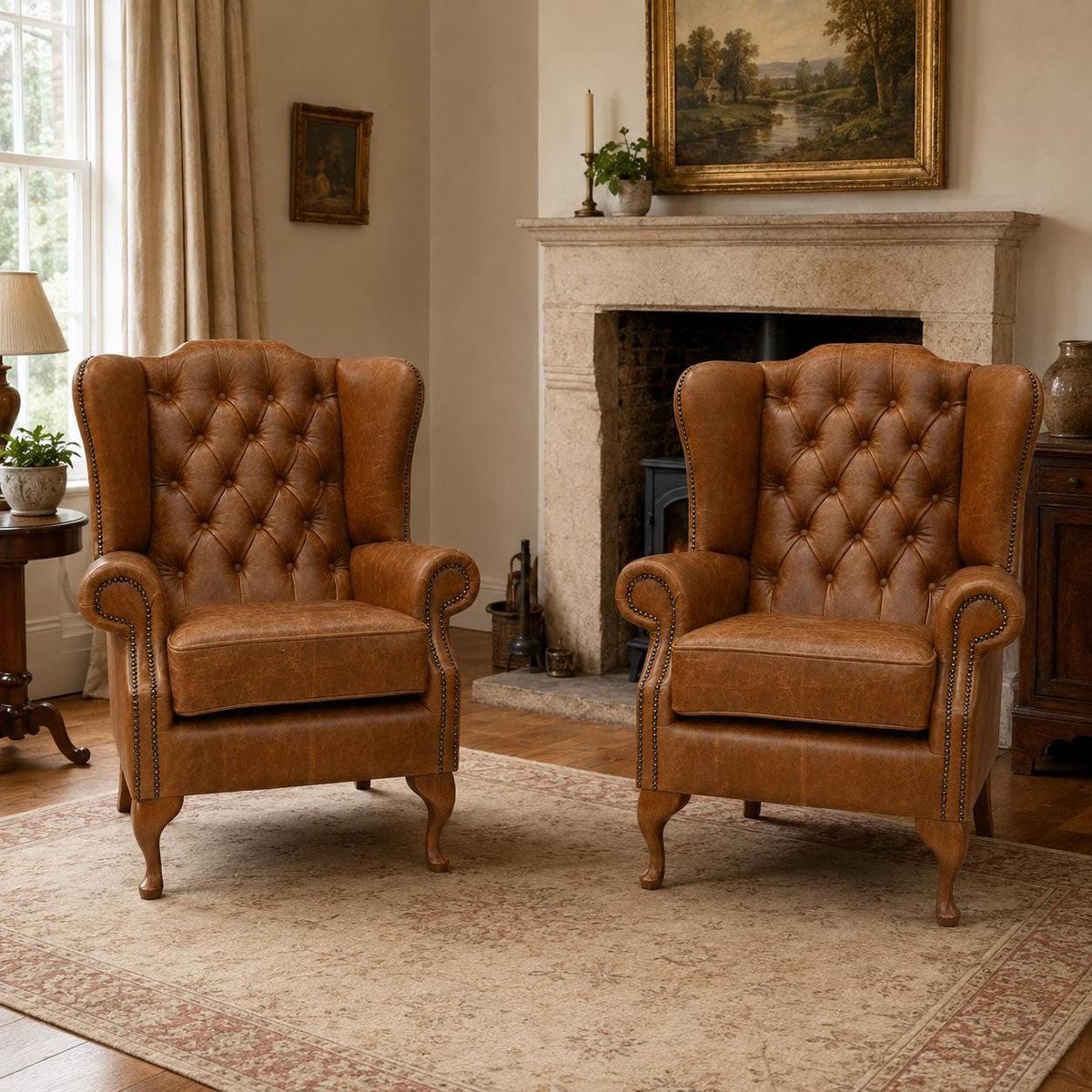 Pair of Handmade Buckingham Italian Leather Wingback Chairs, Deep Buttoned UK Made