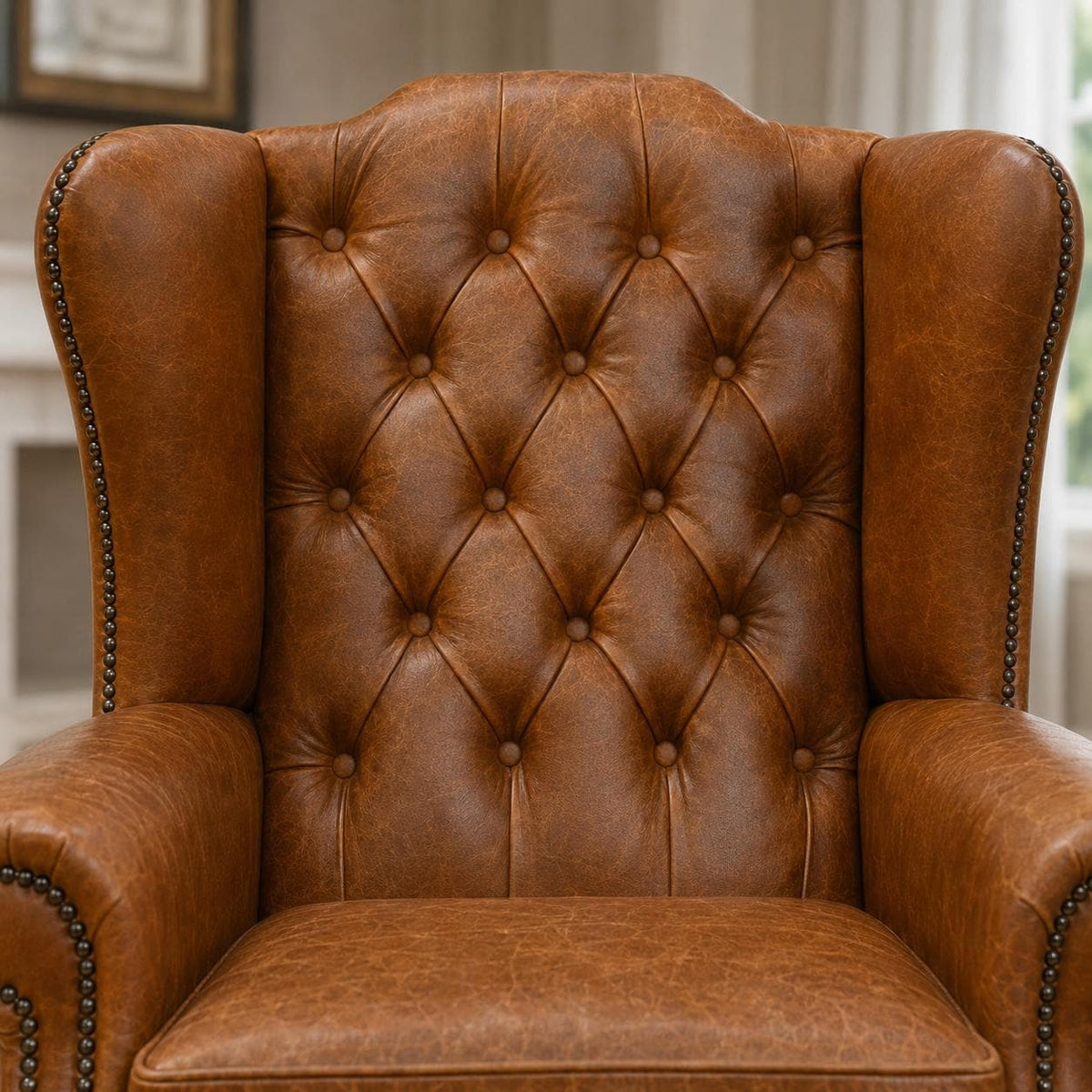 Pair of Handmade Buckingham Italian Leather Wingback Chairs, Deep Buttoned UK Made