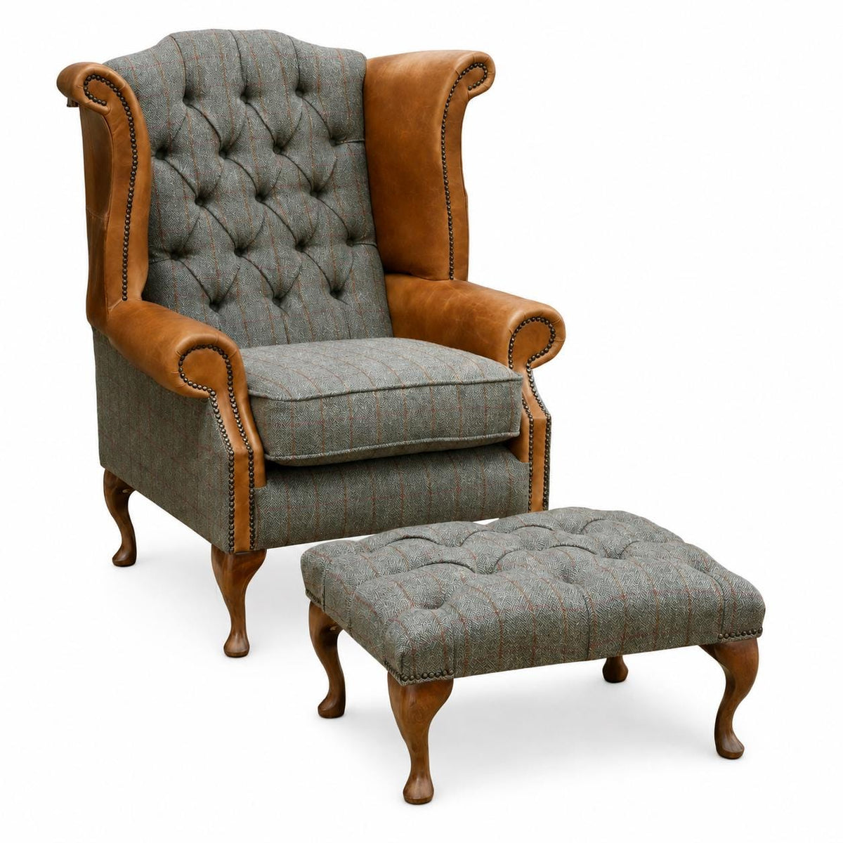 Handmade Leather & Harris Tweed Wingback Chair, Queen Anne Fireside Armchair UK Made