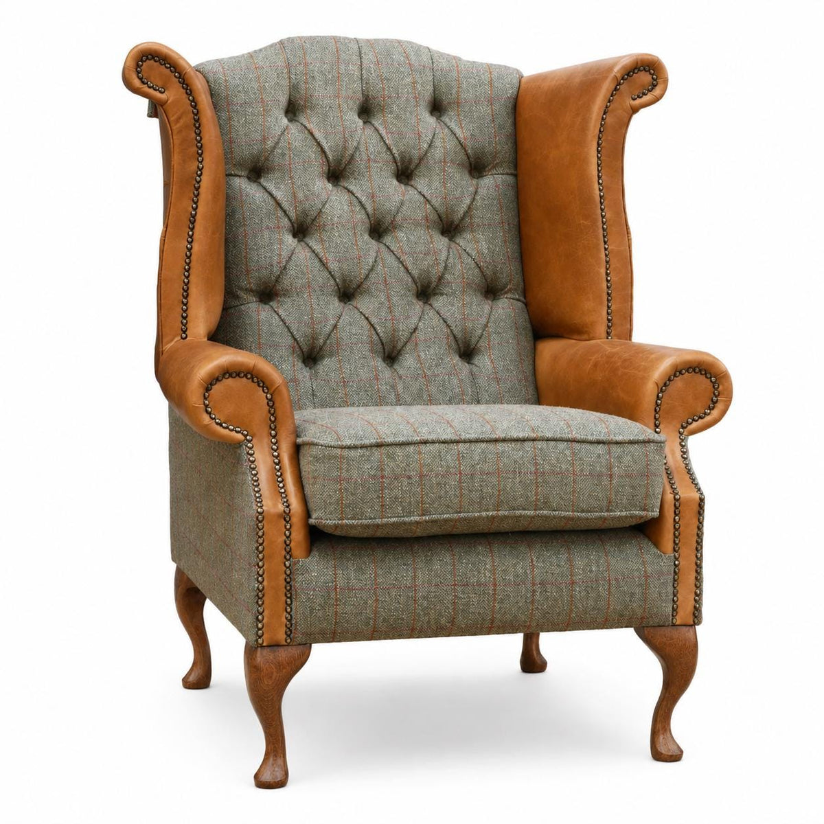 Handmade Leather & Harris Tweed Wingback Chair, Queen Anne Fireside Armchair UK Made
