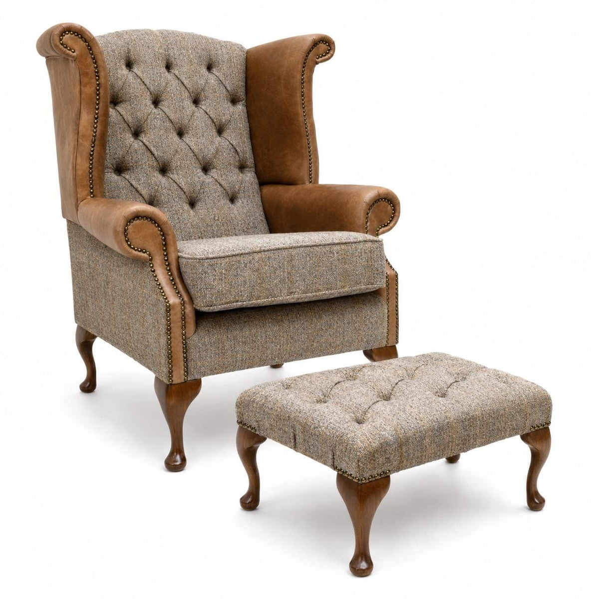 Handmade Leather & Harris Tweed Wingback Chair, Queen Anne Fireside Armchair UK Made