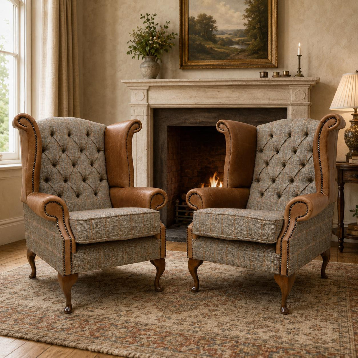 Pair of Handmade Leather & Harris Tweed Queen Anne Wingback Chairs – UK Made