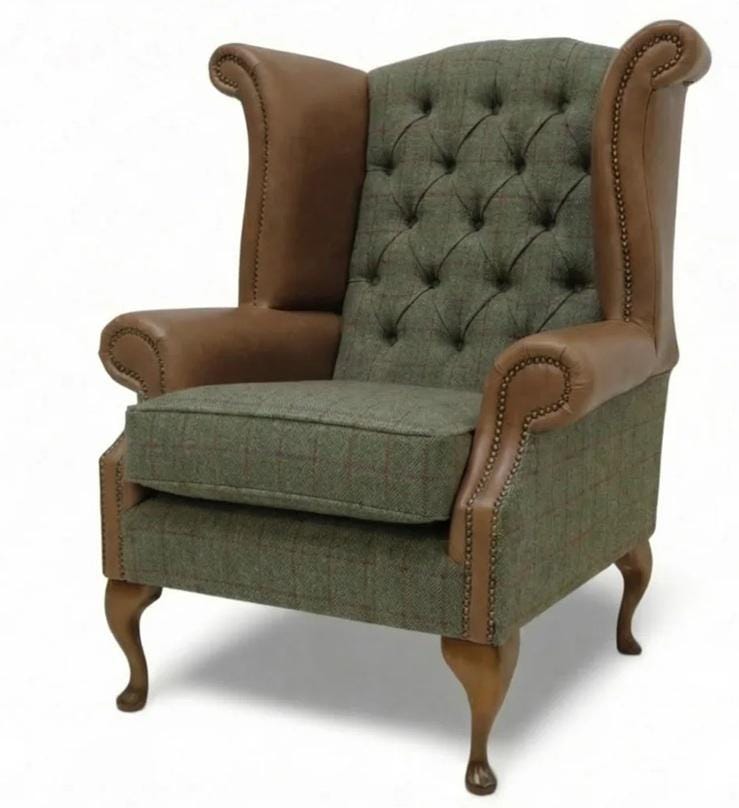 Pair of Handmade Leather & Harris Tweed Queen Anne Wingback Chairs – UK Made