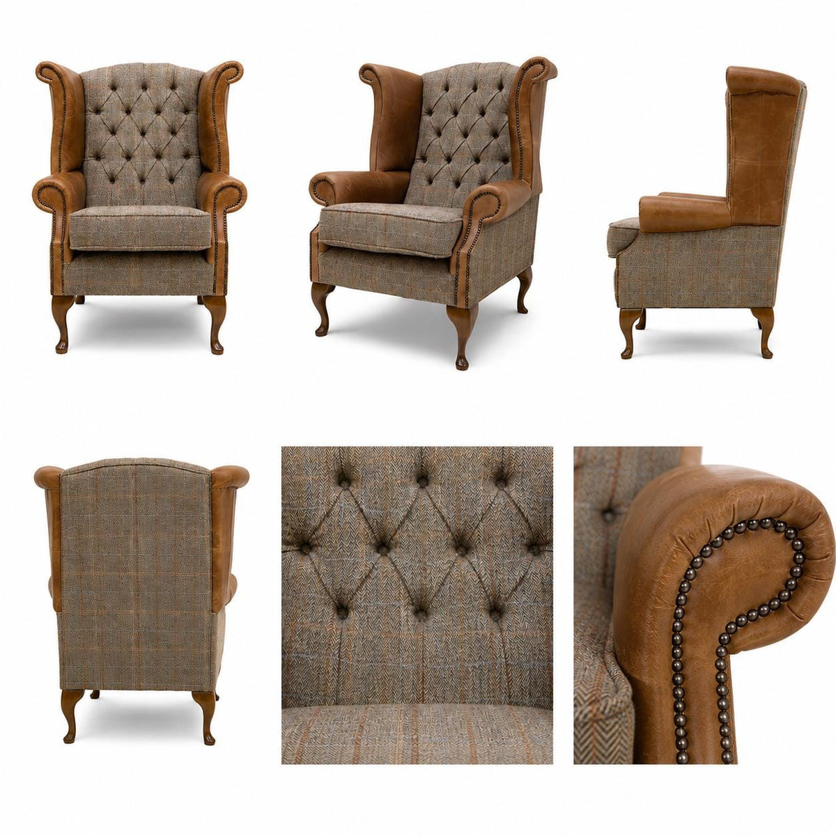 Pair of Handmade Leather & Harris Tweed Queen Anne Wingback Chairs – UK Made
