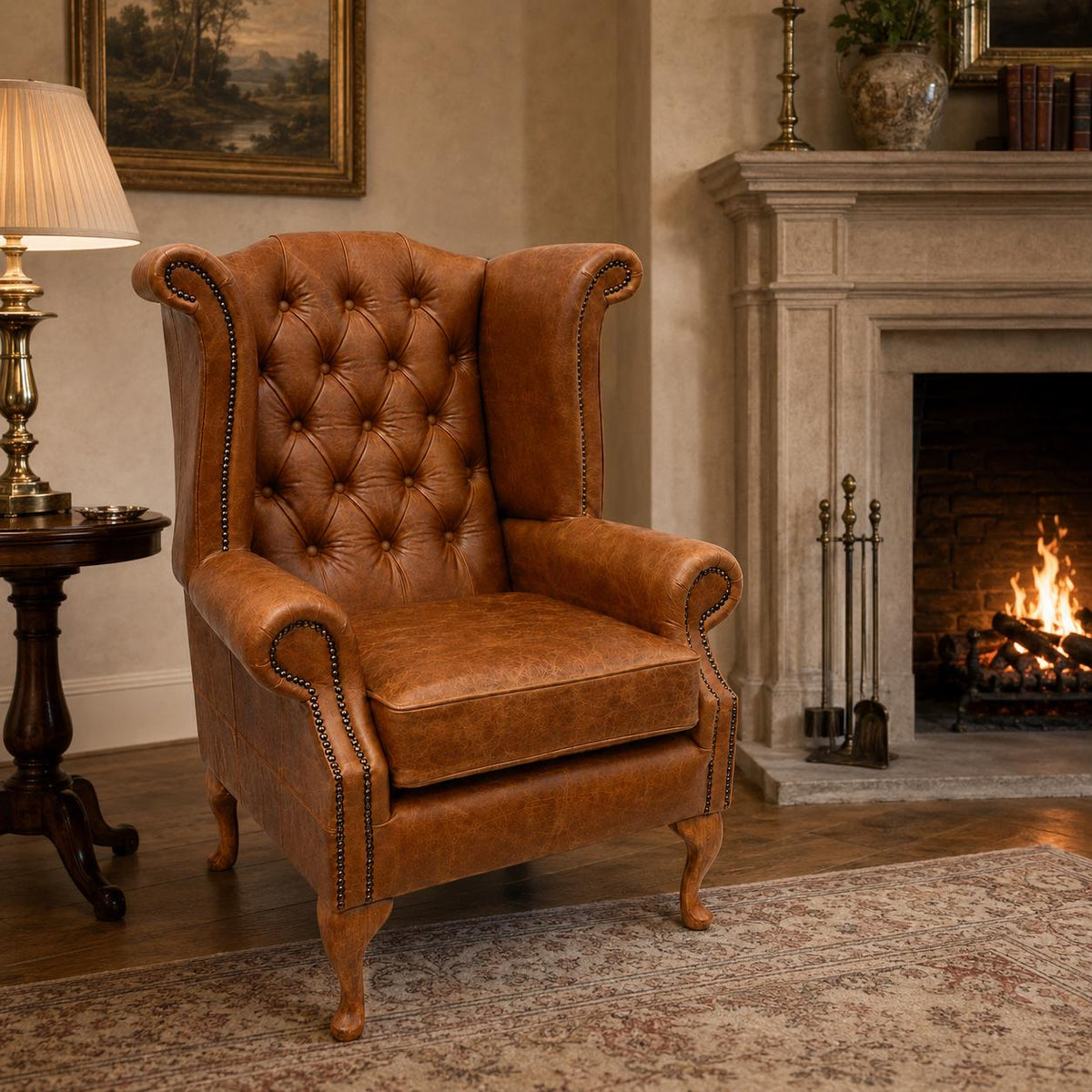 Handmade Italian Leather Queen Anne Wingback Chair – Deep Buttoned UK Armchair