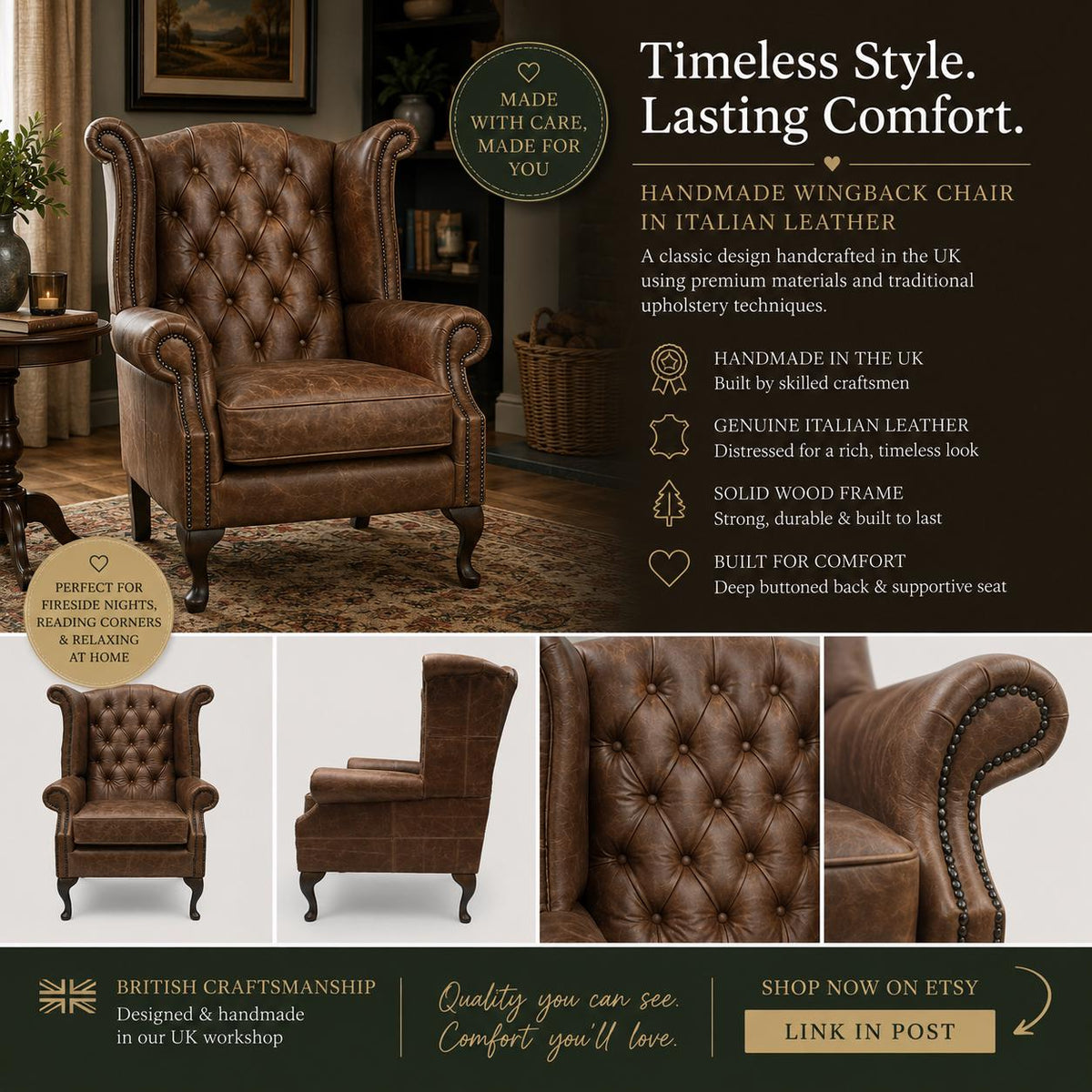 Handmade Italian Leather Queen Anne Wingback Chair – Deep Buttoned UK Armchair