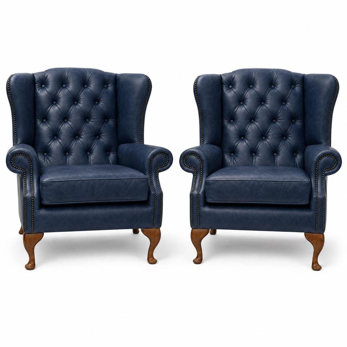 Pair of Handmade Buckingham Italian Leather Wingback Chairs, Deep Buttoned UK Made