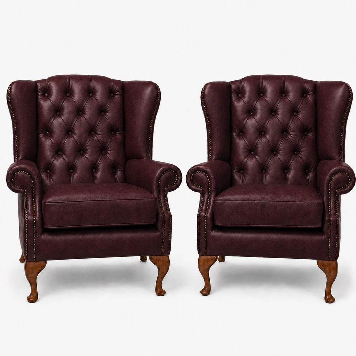 Pair of Handmade Buckingham Italian Leather Wingback Chairs, Deep Buttoned UK Made