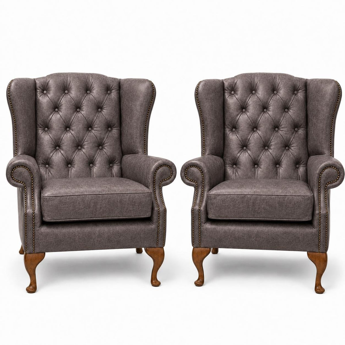 Pair of Handmade Buckingham Italian Leather Wingback Chairs, Deep Buttoned UK Made