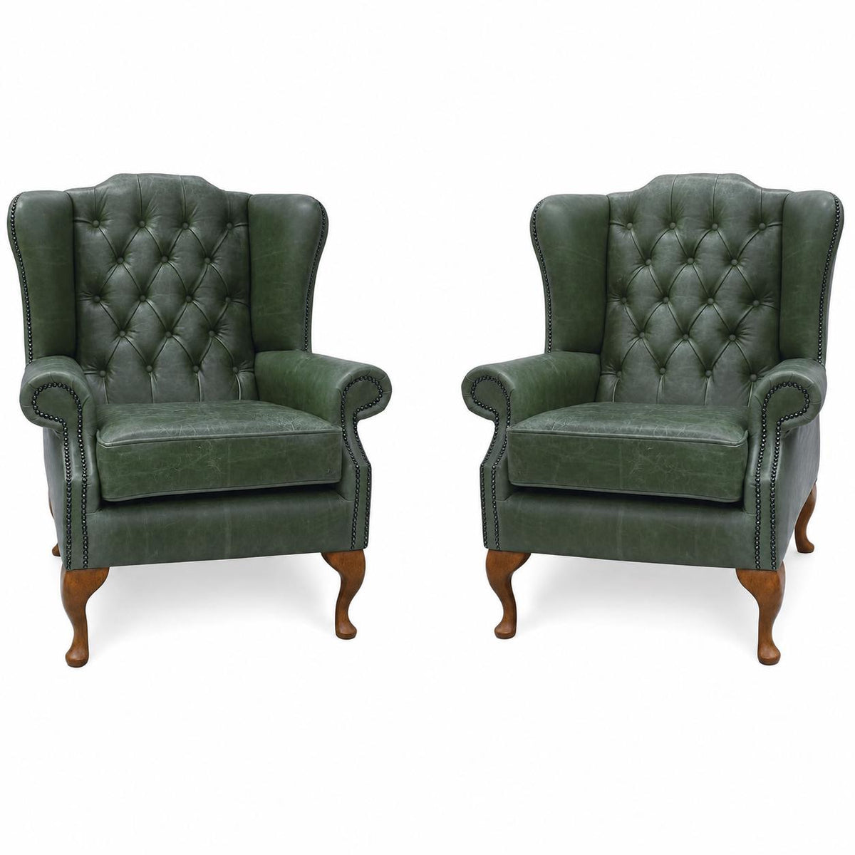 Pair of Handmade Buckingham Italian Leather Wingback Chairs, Deep Buttoned UK Made