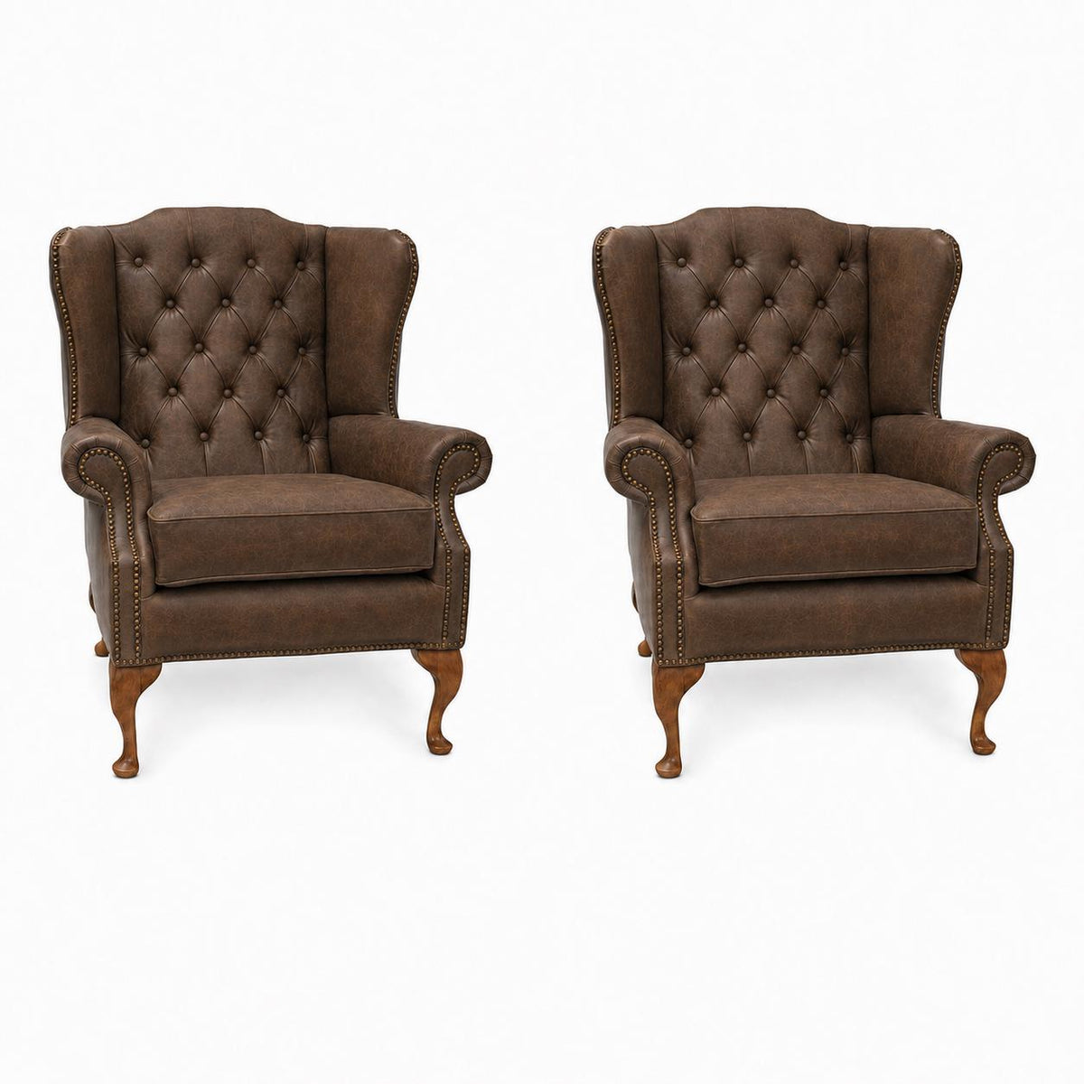Pair of Handmade Buckingham Italian Leather Wingback Chairs, Deep Buttoned UK Made
