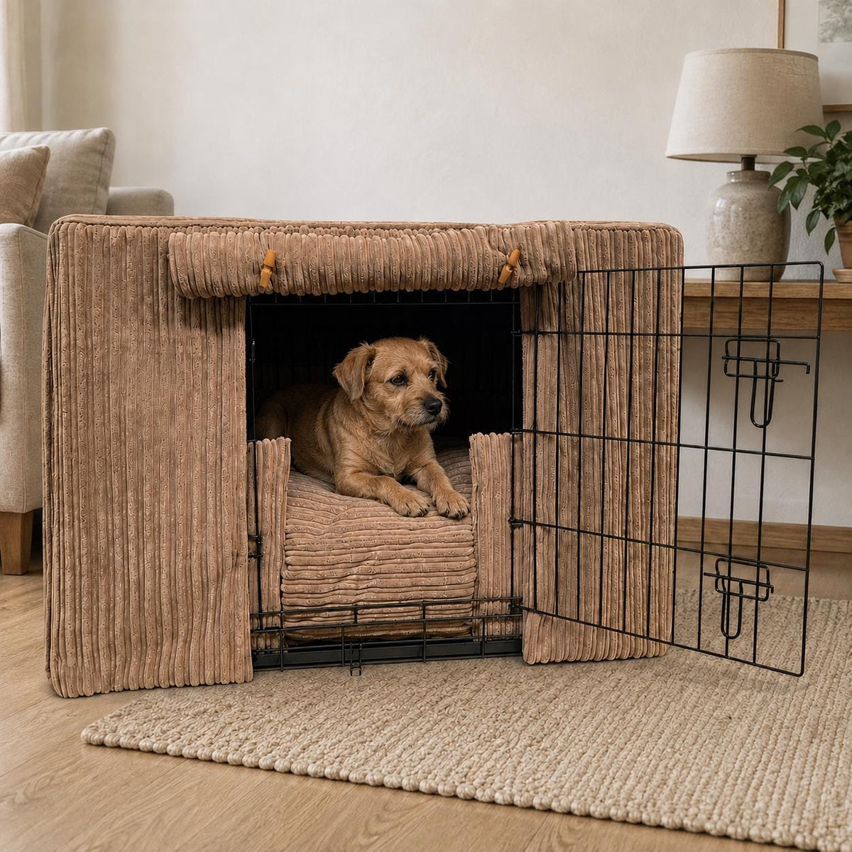 Luxury Corduroy Dog Crate Cover & Cushion Set, Handmade Puppy Crate Bedding, Optional Orthopaedic Bed