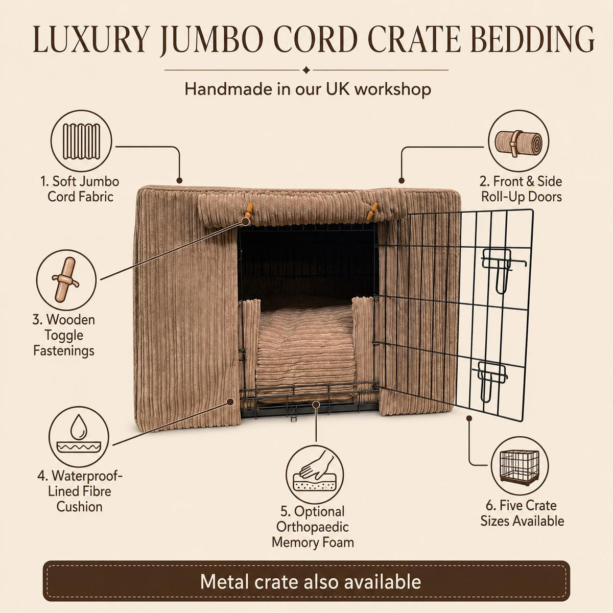 Luxury Corduroy Dog Crate Cover & Cushion Set, Handmade Puppy Crate Bedding, Optional Orthopaedic Bed