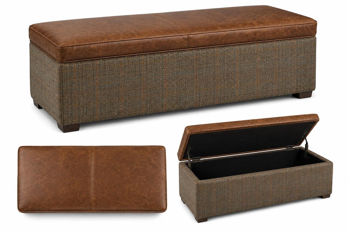 Harris Tweed & Italian Leather Storage Ottoman, Handmade Blanket Box, Upholstered Storage Bench, Bedroom Footstool