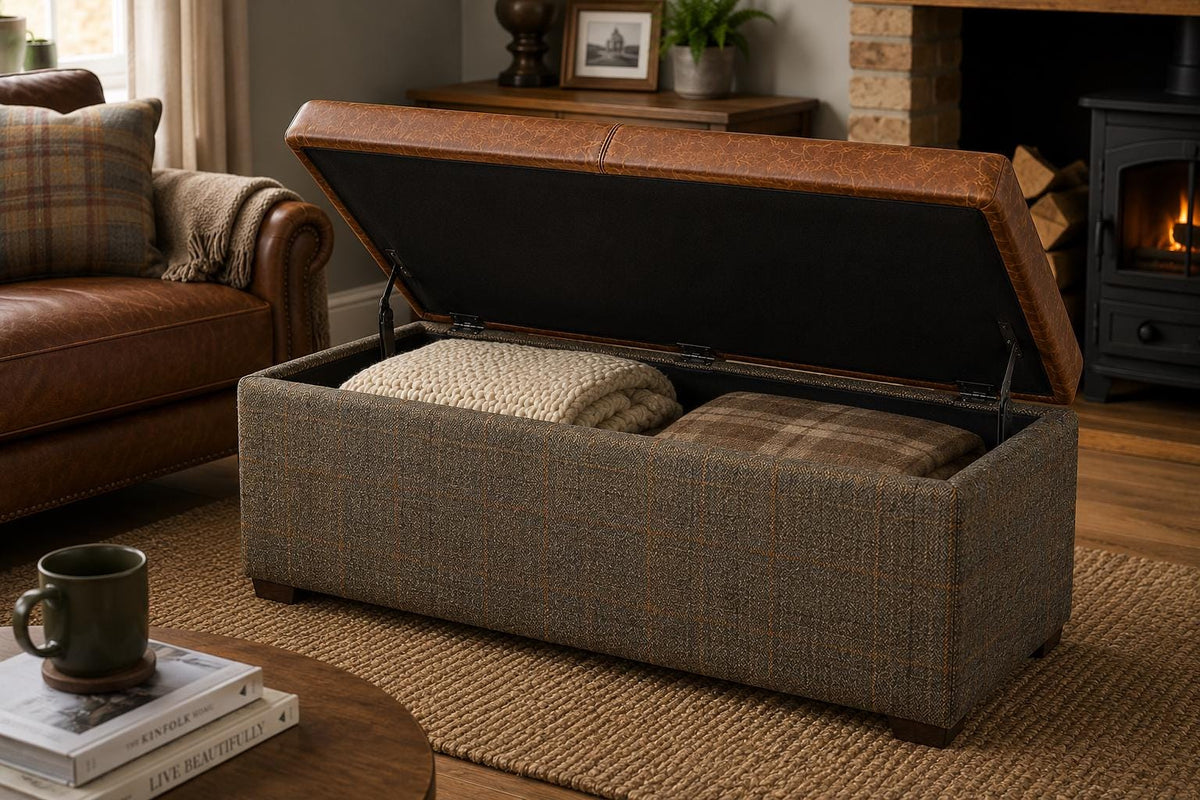 Harris Tweed & Italian Leather Storage Ottoman, Handmade Blanket Box, Upholstered Storage Bench, Bedroom Footstool